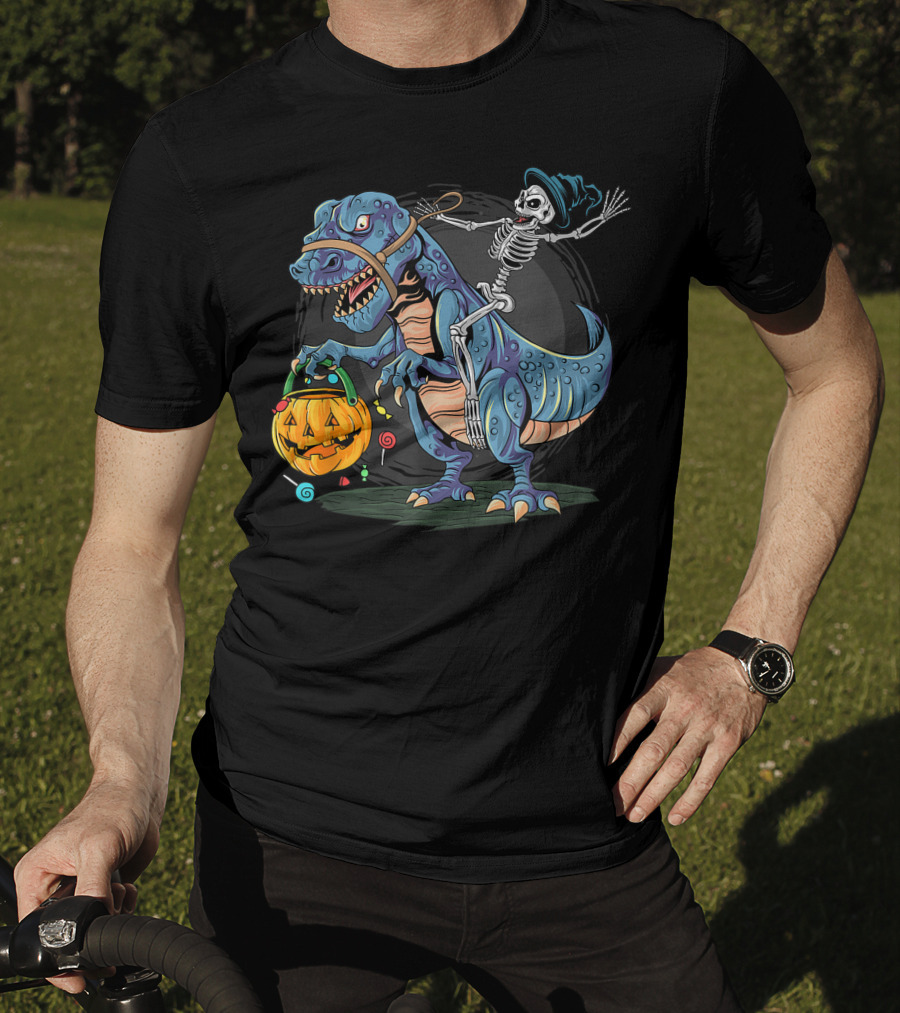 Skeleton With Candy Pumpkin Riding Rex Halloween T-Shirt