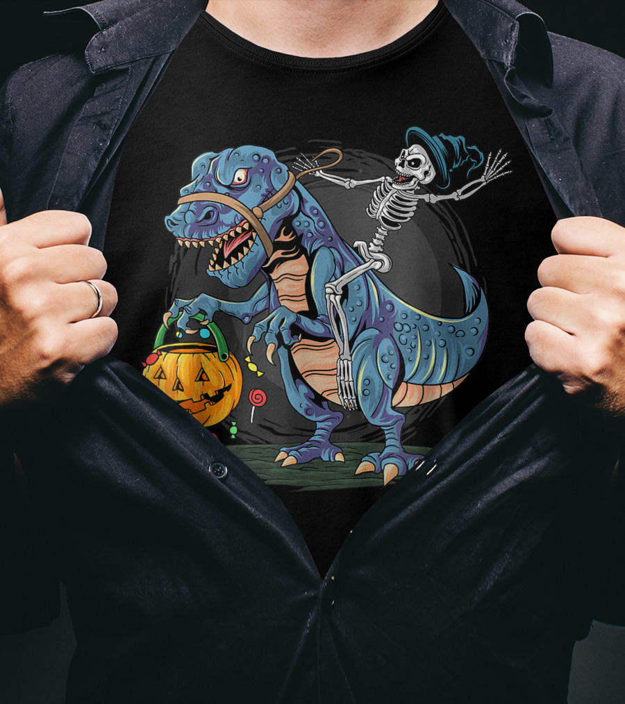 Skeleton With Candy Pumpkin Riding Rex Halloween T-Shirt