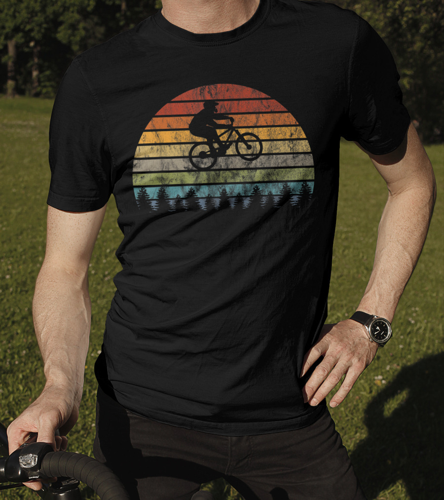 Mountain Bike Bicycle Rider Retro Sunset Cycling Forest T-Shirt