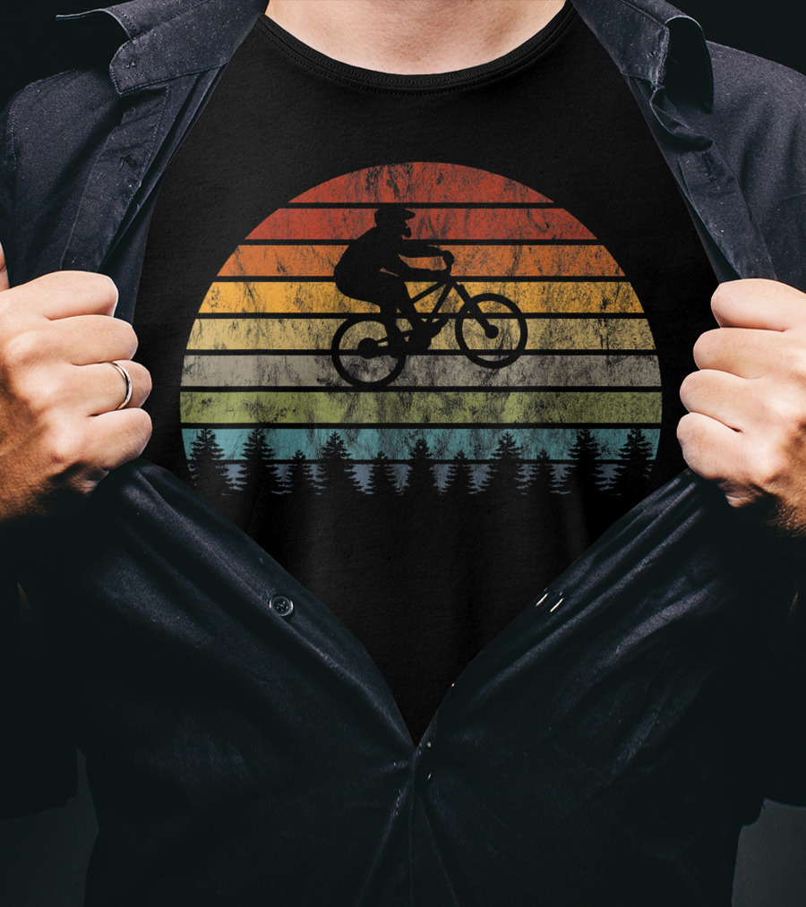 Mountain Bike Bicycle Rider Retro Sunset Cycling Forest T-Shirt