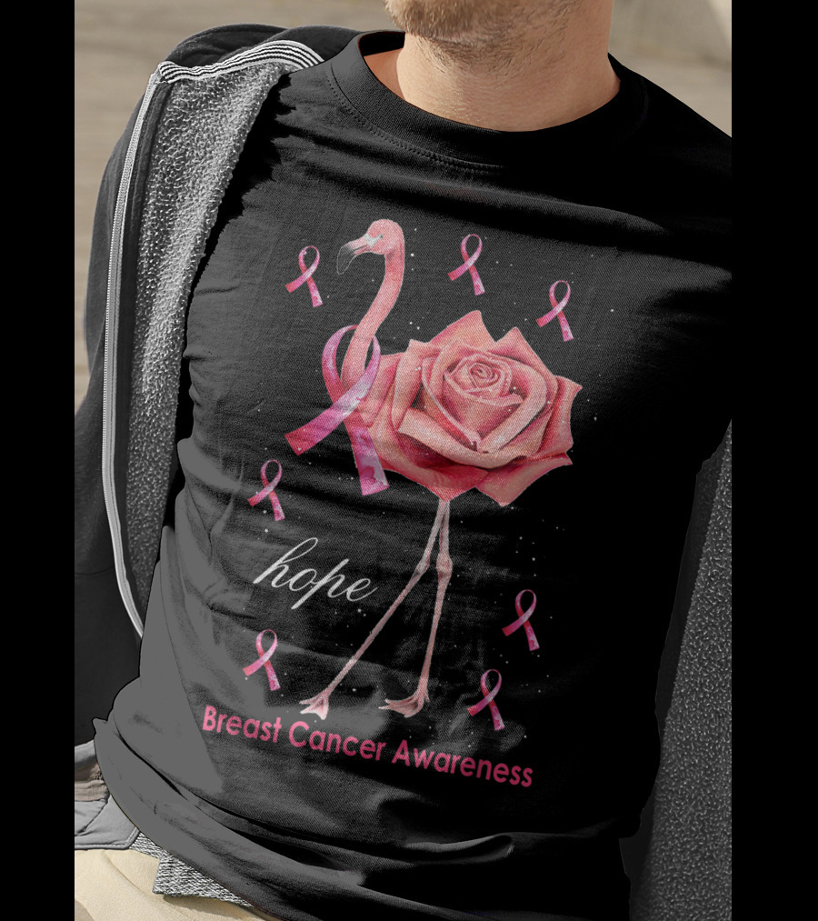 Hope Flamingo Breast Cancer Awareness Pink Ribbon Flower T-Shirt