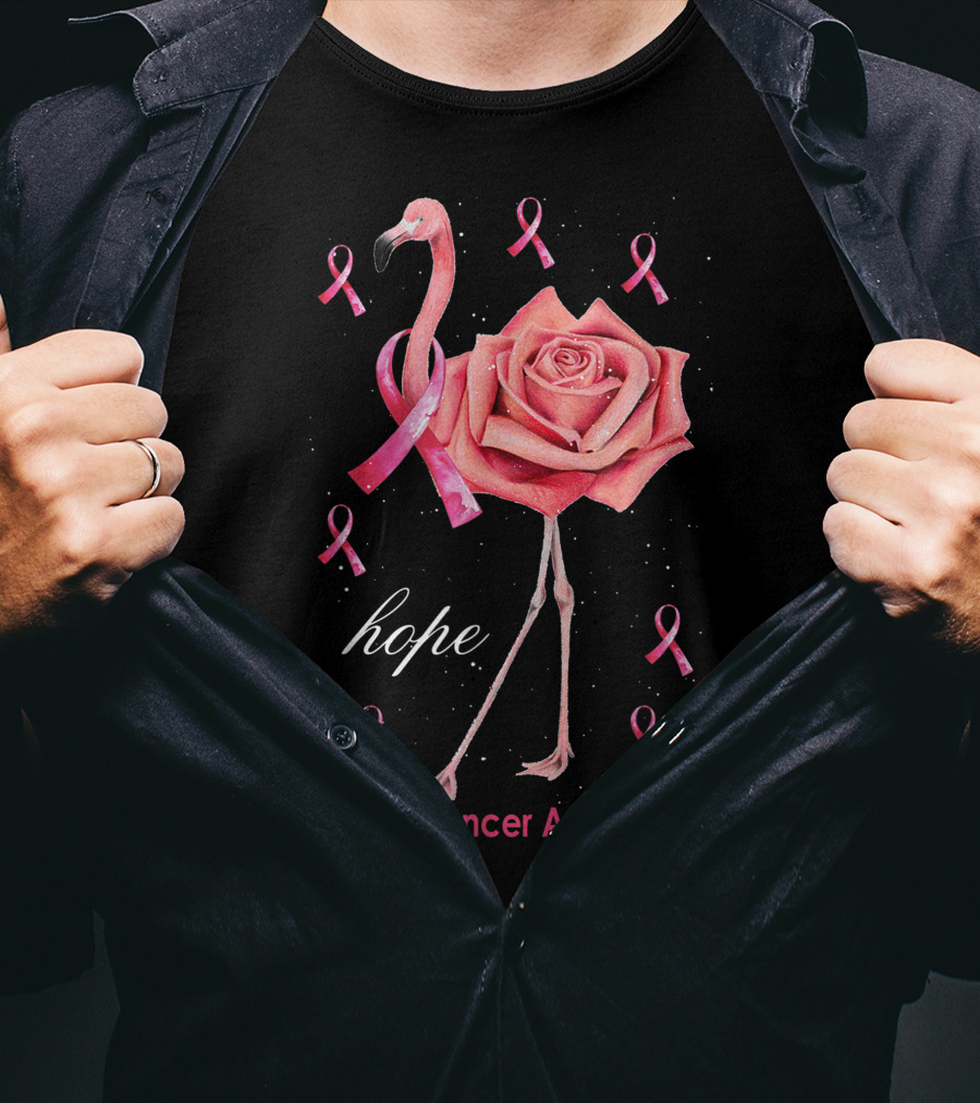 Hope Flamingo Breast Cancer Awareness Pink Ribbon Flower T-Shirt