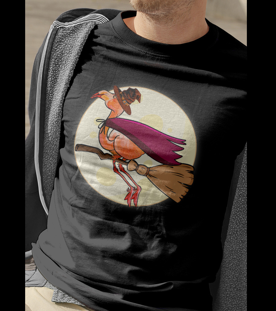 Funny Flamingo Witch Halloween Costume Colorful Lovers Broomstick Moon Hat T-Shirt