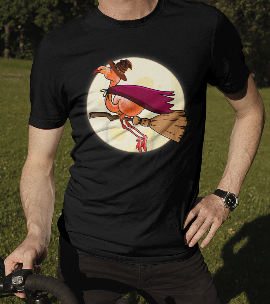 Funny Flamingo Witch Halloween Costume Colorful Lovers Broomstick Moon Hat T-Shirt