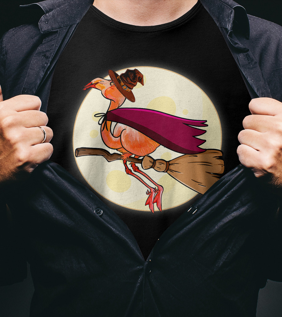 Funny Flamingo Witch Halloween Costume Colorful Lovers Broomstick Moon Hat T-Shirt