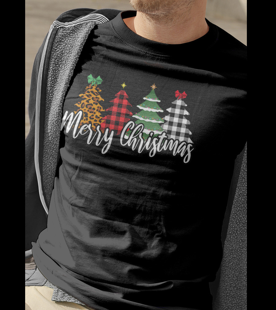 Merry Christmas Leopard Print Buffalo Plaid Holiday Trees T-Shirt