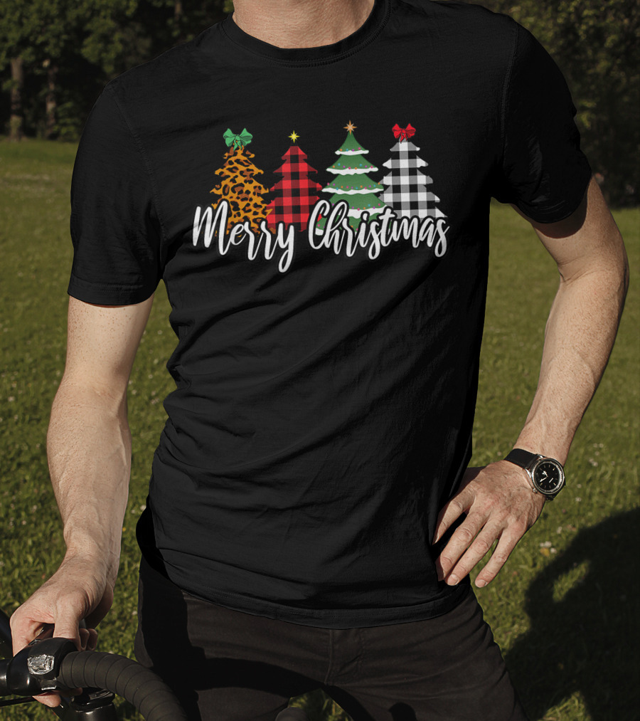 Merry Christmas Leopard Print Buffalo Plaid Holiday Trees T-Shirt