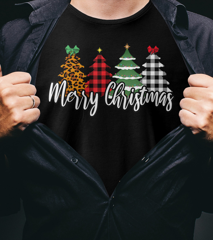 Merry Christmas Leopard Print Buffalo Plaid Holiday Trees T-Shirt