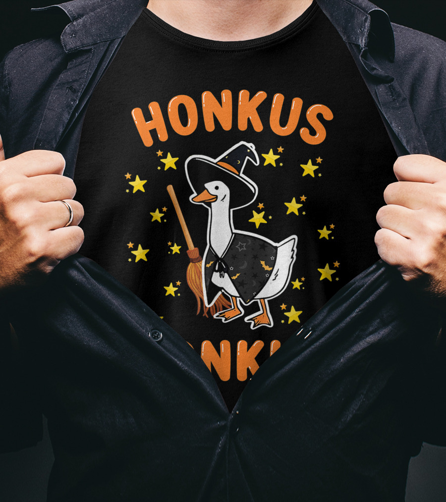 Honkus Ponkus Witch Goose Halloween Magic Stars Broom T-Shirt