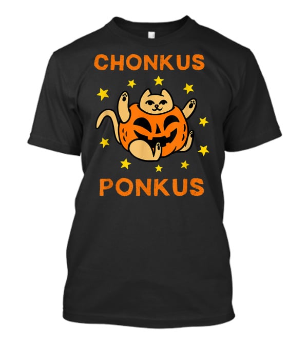Chonkus Ponkus Funny Halloween Pumpkin Chubby Cat With Stars T-Shirt