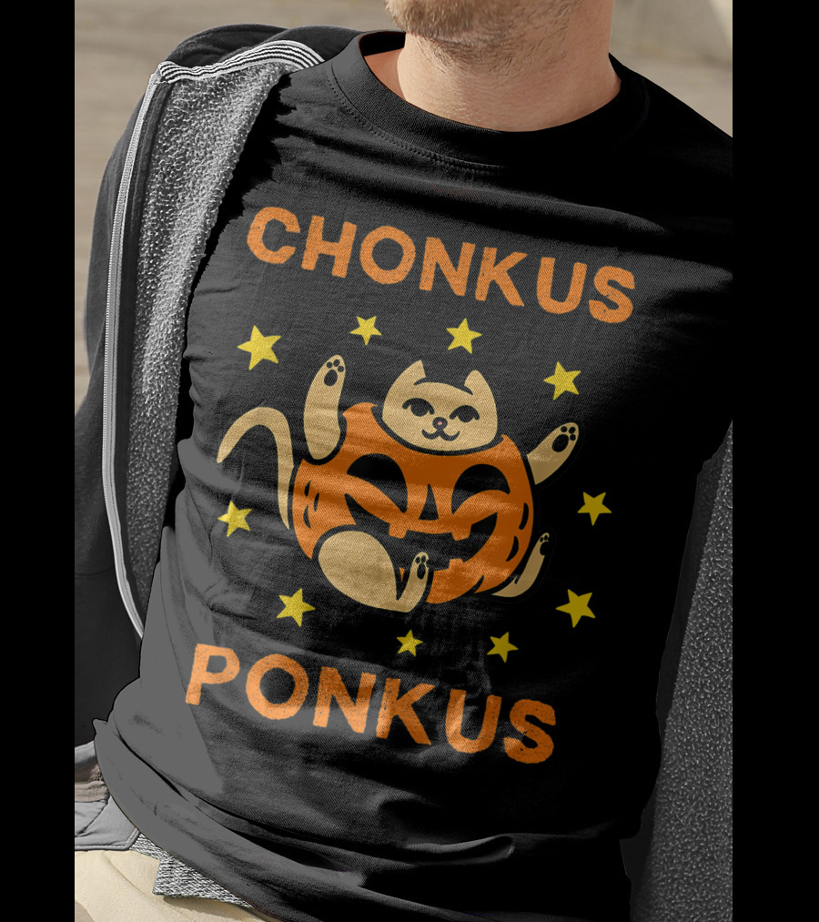 Chonkus Ponkus Funny Halloween Pumpkin Chubby Cat With Stars T-Shirt