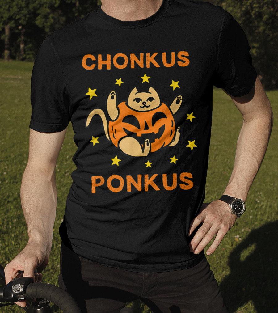 Chonkus Ponkus Funny Halloween Pumpkin Chubby Cat With Stars T-Shirt