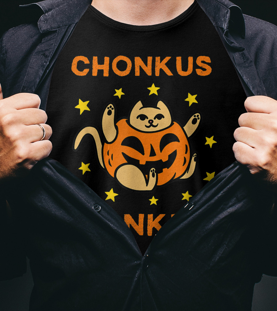 Chonkus Ponkus Funny Halloween Pumpkin Chubby Cat With Stars T-Shirt