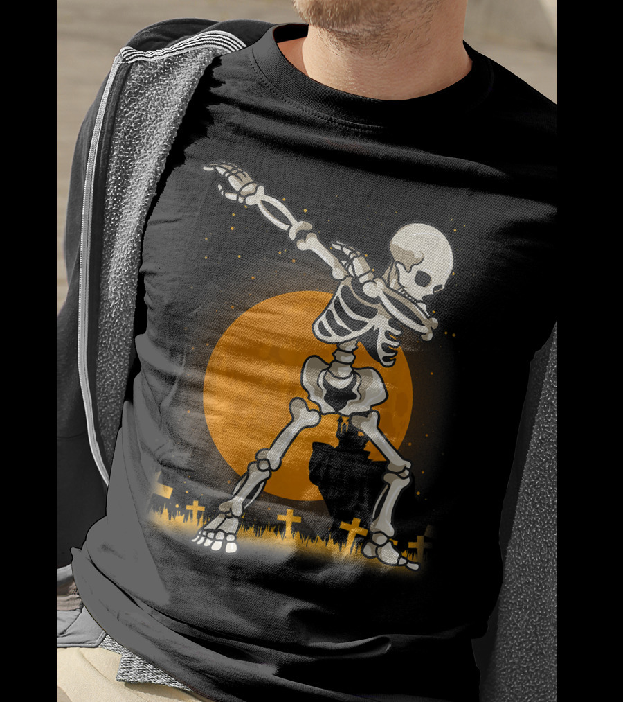 Dabbing Skeleton Dab Best Costume Halloween Moon Graveyard T-Shirt
