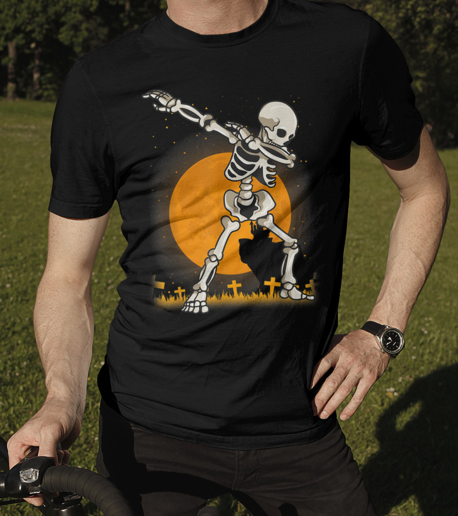 Dabbing Skeleton Dab Best Costume Halloween Moon Graveyard T-Shirt