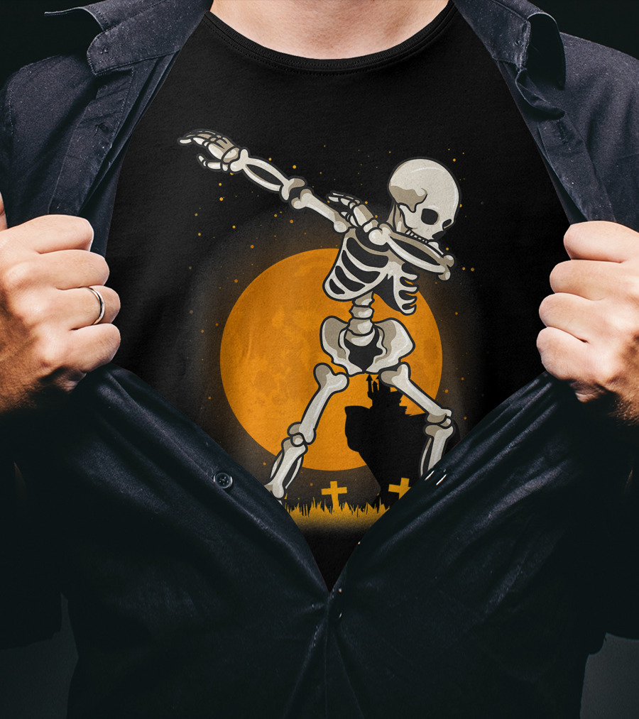 Dabbing Skeleton Dab Best Costume Halloween Moon Graveyard T-Shirt