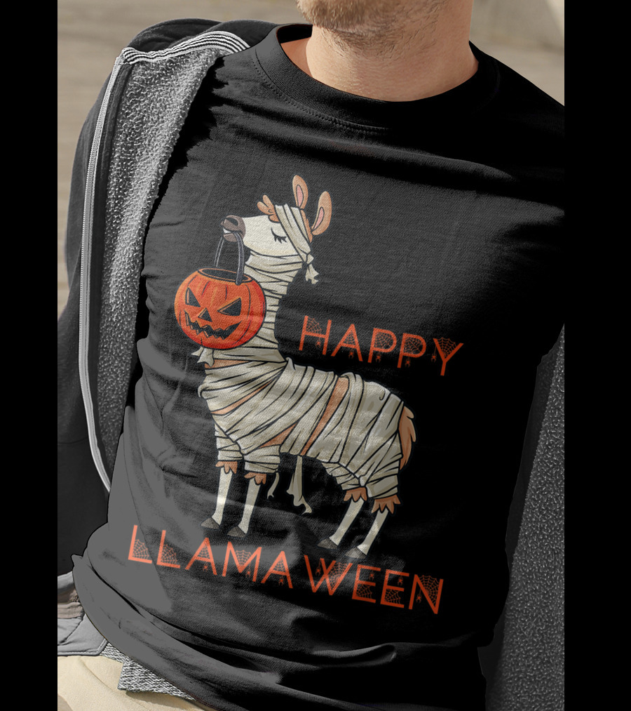 Halloween Llama Mummy Holding Pumpkin Happy Llamaween T-Shirt