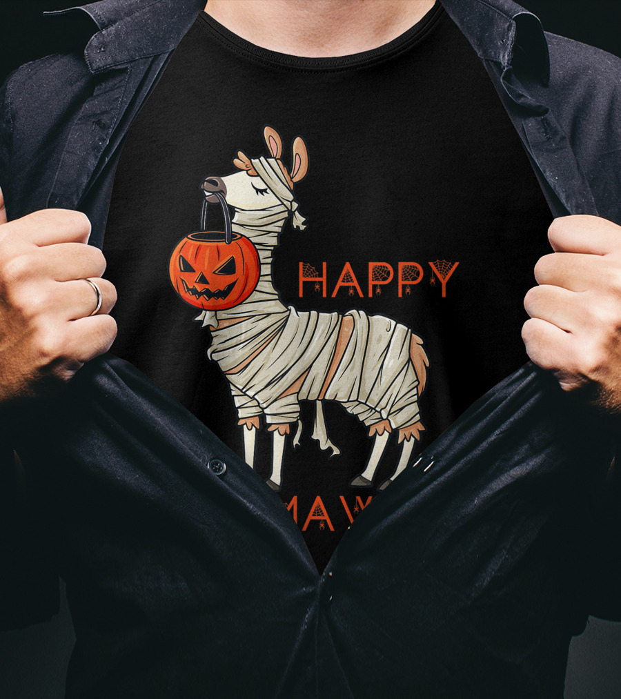 Halloween Llama Mummy Holding Pumpkin Happy Llamaween T-Shirt
