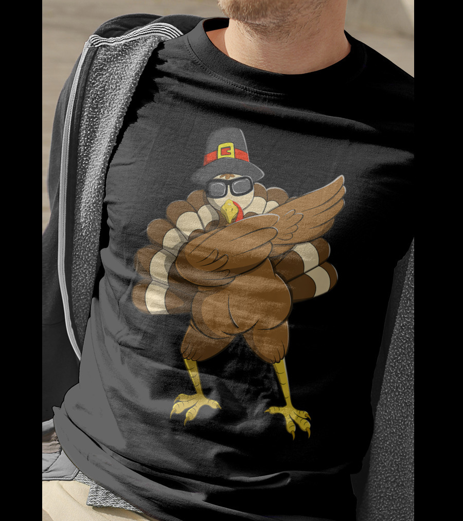 Happy Thanksgiving Day Family Funny Dab Turkey With Pilgrim Hat T-Shirt