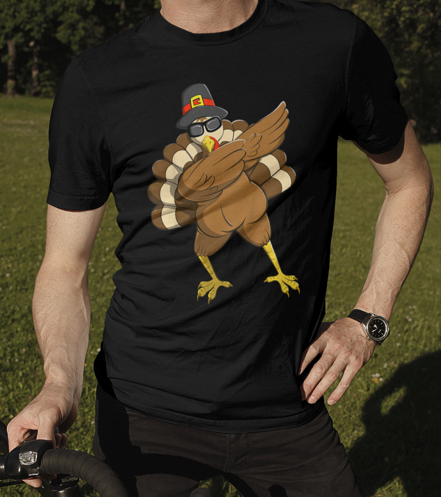 Happy Thanksgiving Day Family Funny Dab Turkey With Pilgrim Hat T-Shirt