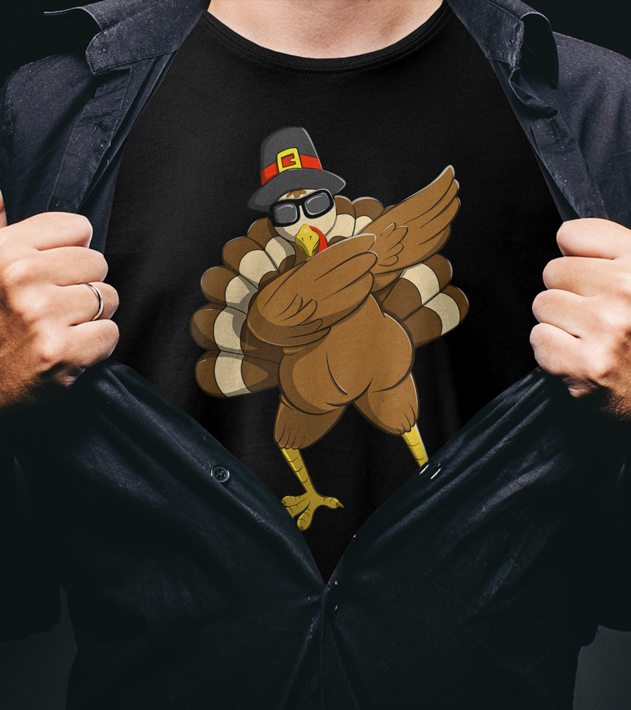 Happy Thanksgiving Day Family Funny Dab Turkey With Pilgrim Hat T-Shirt