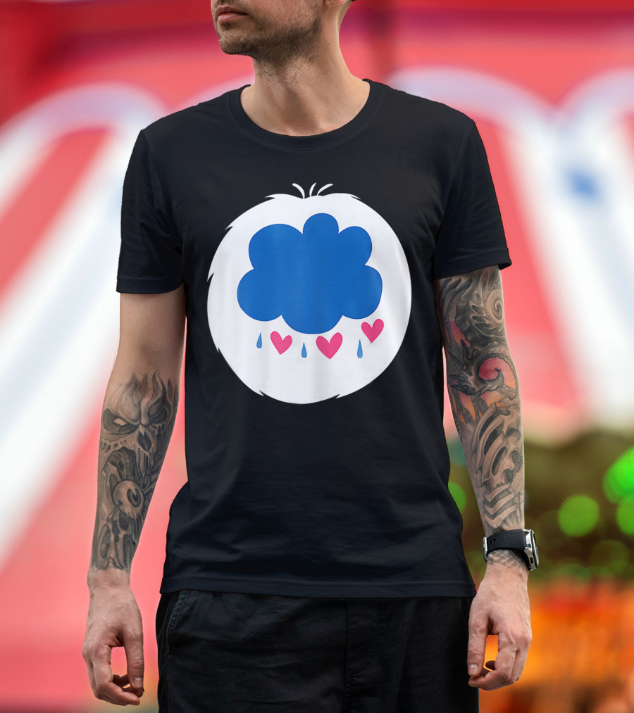 Grumpy Care Bear Blue Cloud with Hearts and Raindrops T-Shirt