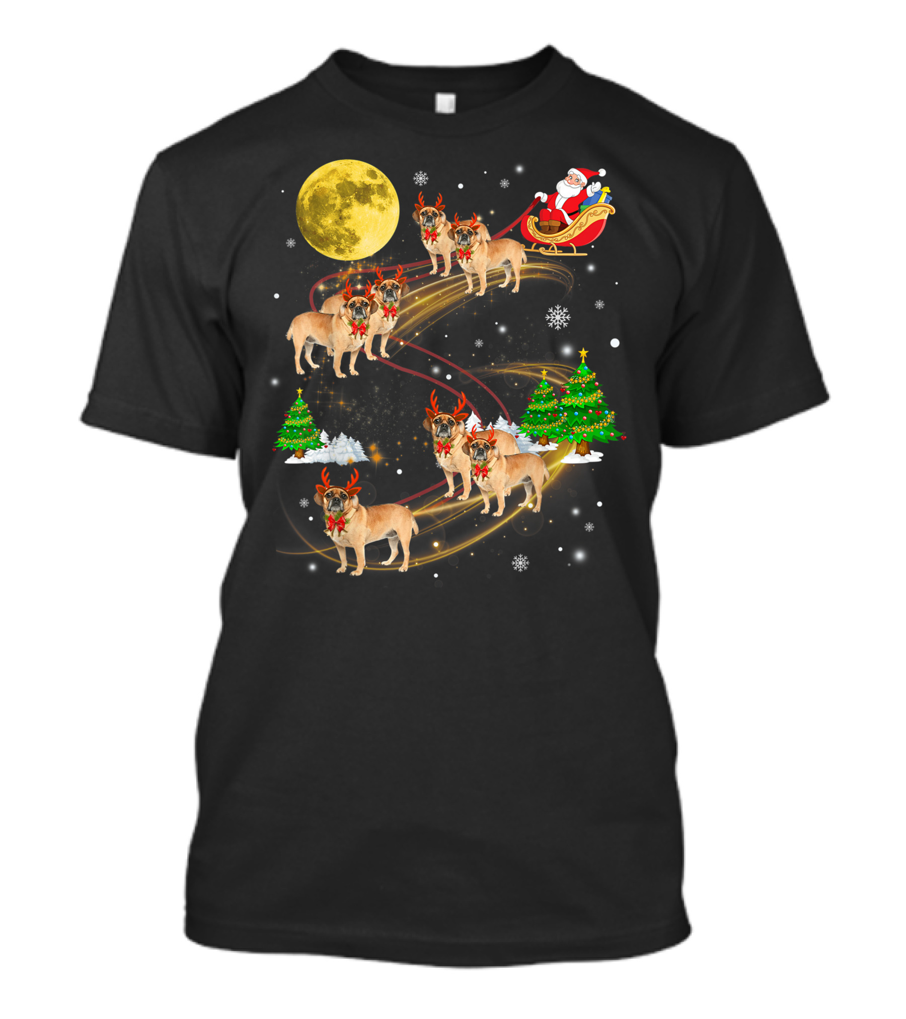 Puggle Reindeer Christmas Santa Sleigh Full Moon Holiday Scene T-Shirt