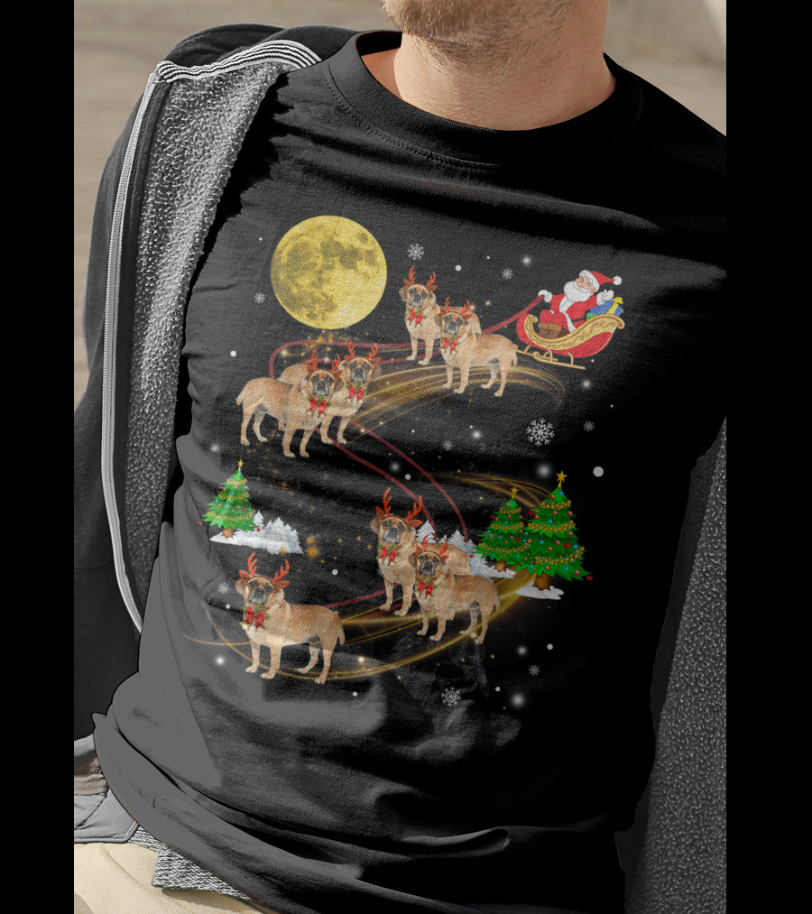 Puggle Reindeer Christmas Santa Sleigh Full Moon Holiday Scene T-Shirt
