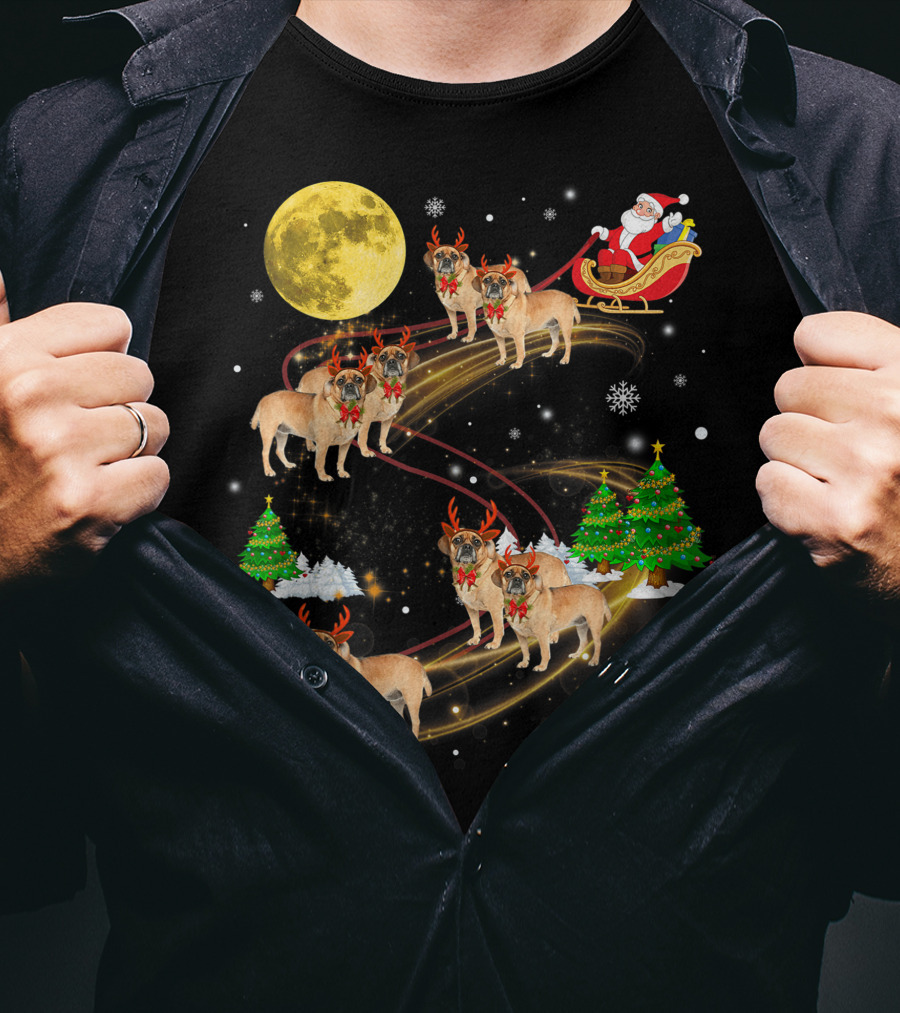 Puggle Reindeer Christmas Santa Sleigh Full Moon Holiday Scene T-Shirt