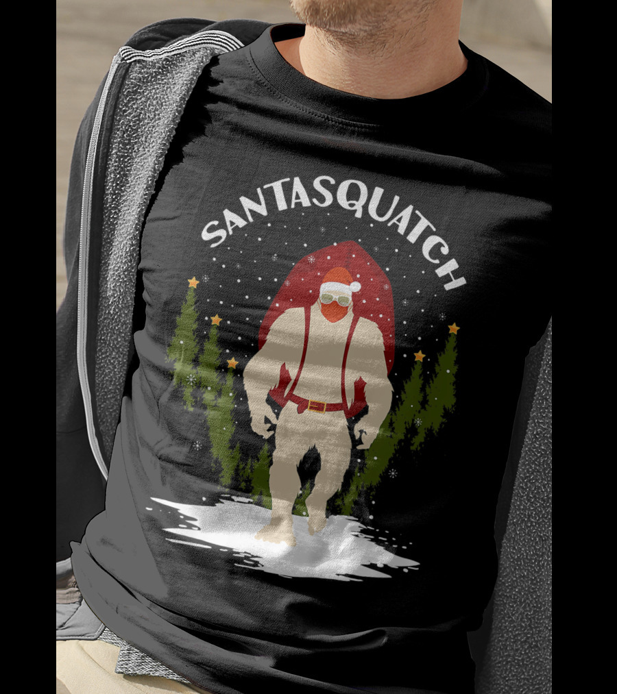 Santasquatch Bigfoot Christmas Santa Hat With Trees And Snowflakes T-Shirt