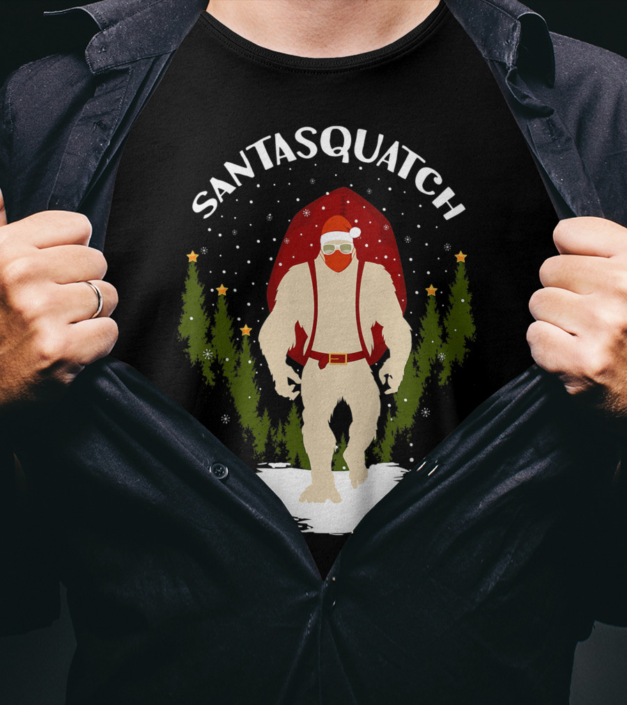 Santasquatch Bigfoot Christmas Santa Hat With Trees And Snowflakes T-Shirt