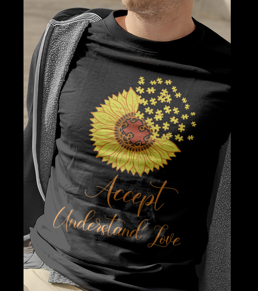 Sunflower Autism Awareness Month Accept Understand Love Puzzle Piece T-Shirt