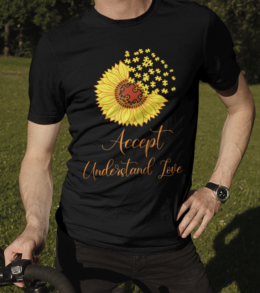 Sunflower Autism Awareness Month Accept Understand Love Puzzle Piece T-Shirt