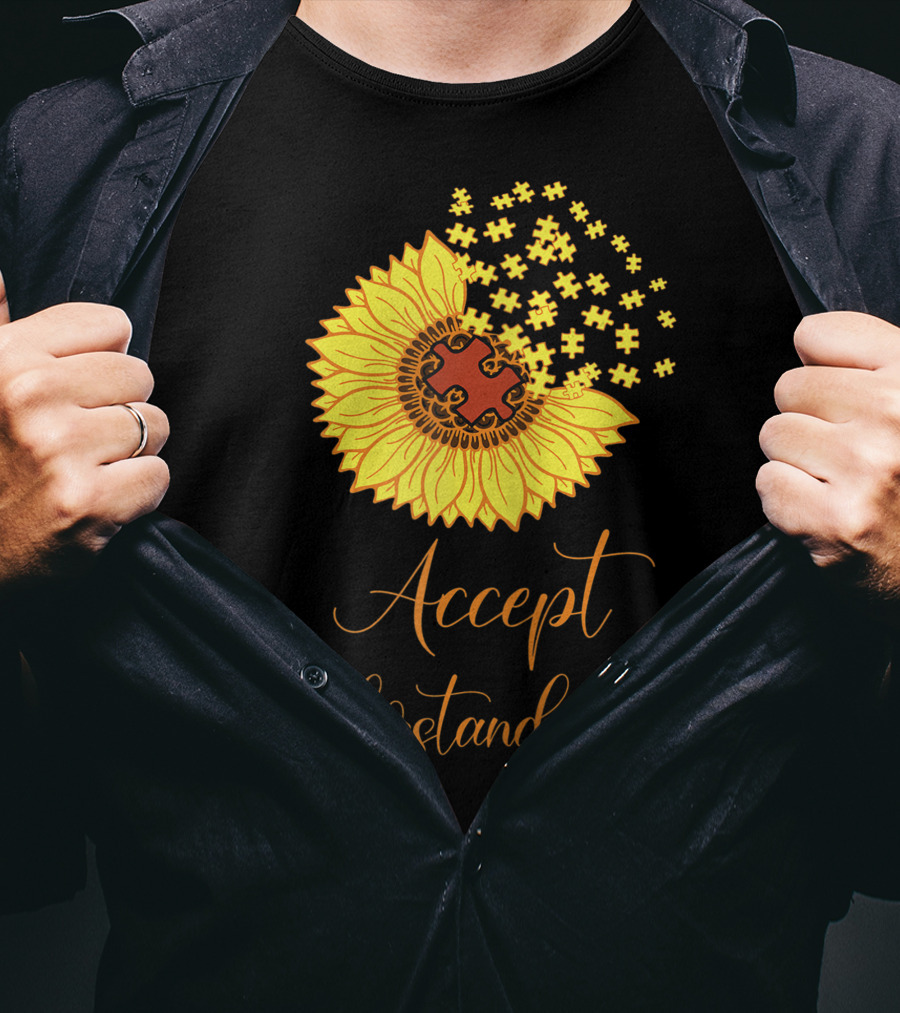 Sunflower Autism Awareness Month Accept Understand Love Puzzle Piece T-Shirt