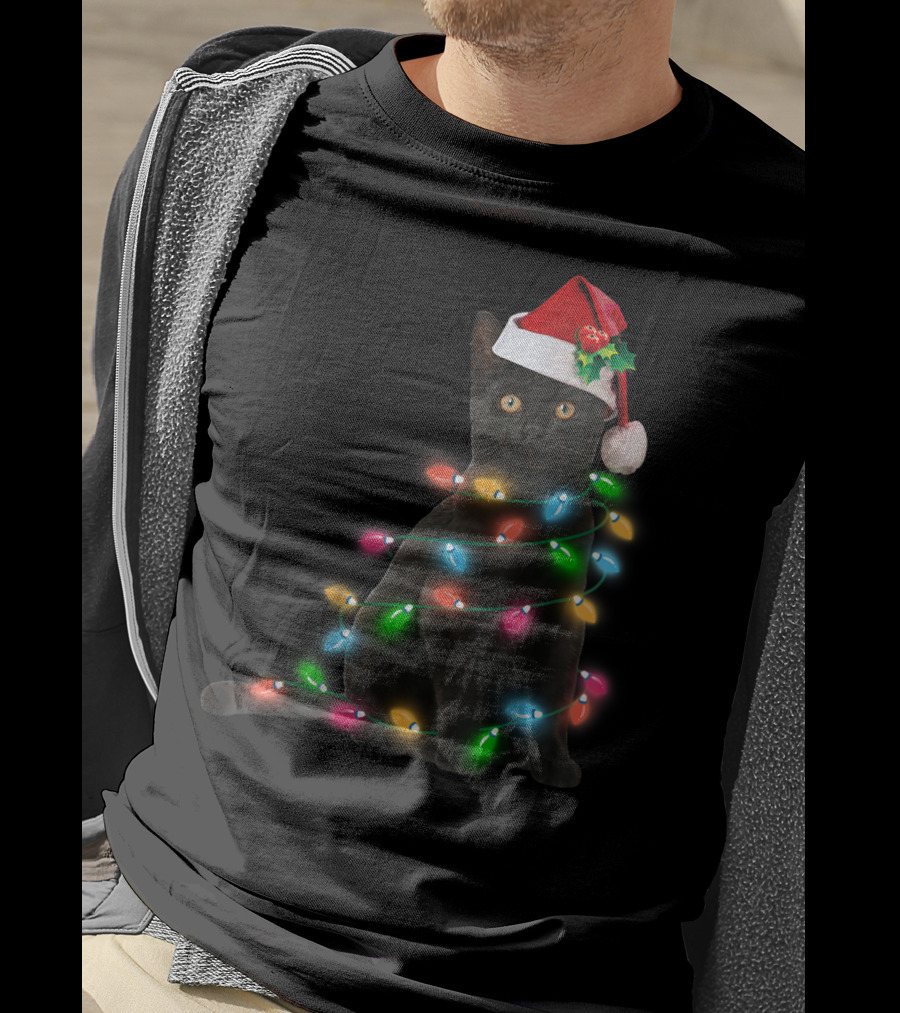 Black Cat In Christmas Lights With Santa Hat For Funny Cat Lover T-Shirt