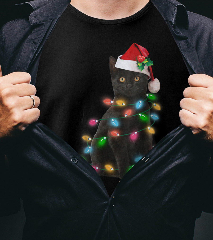 Black Cat In Christmas Lights With Santa Hat For Funny Cat Lover T-Shirt