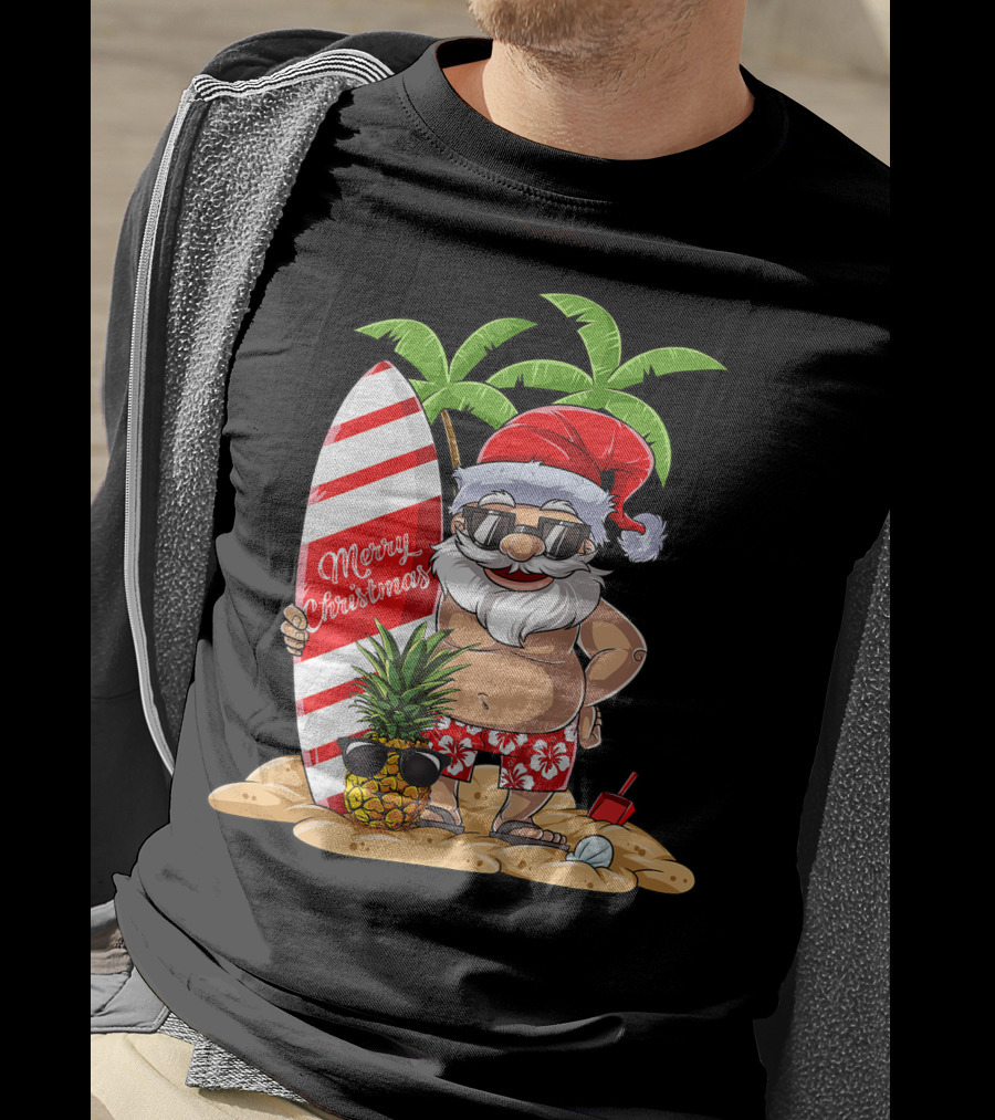 Merry Christmas Santa Hawaiian Surfing Summer Fun Pineapple Beach T-Shirt