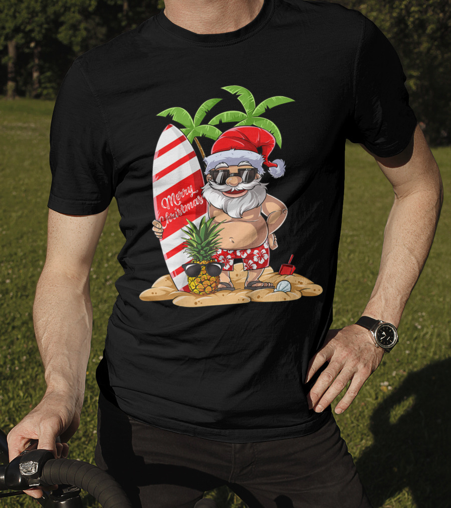 Merry Christmas Santa Hawaiian Surfing Summer Fun Pineapple Beach T-Shirt