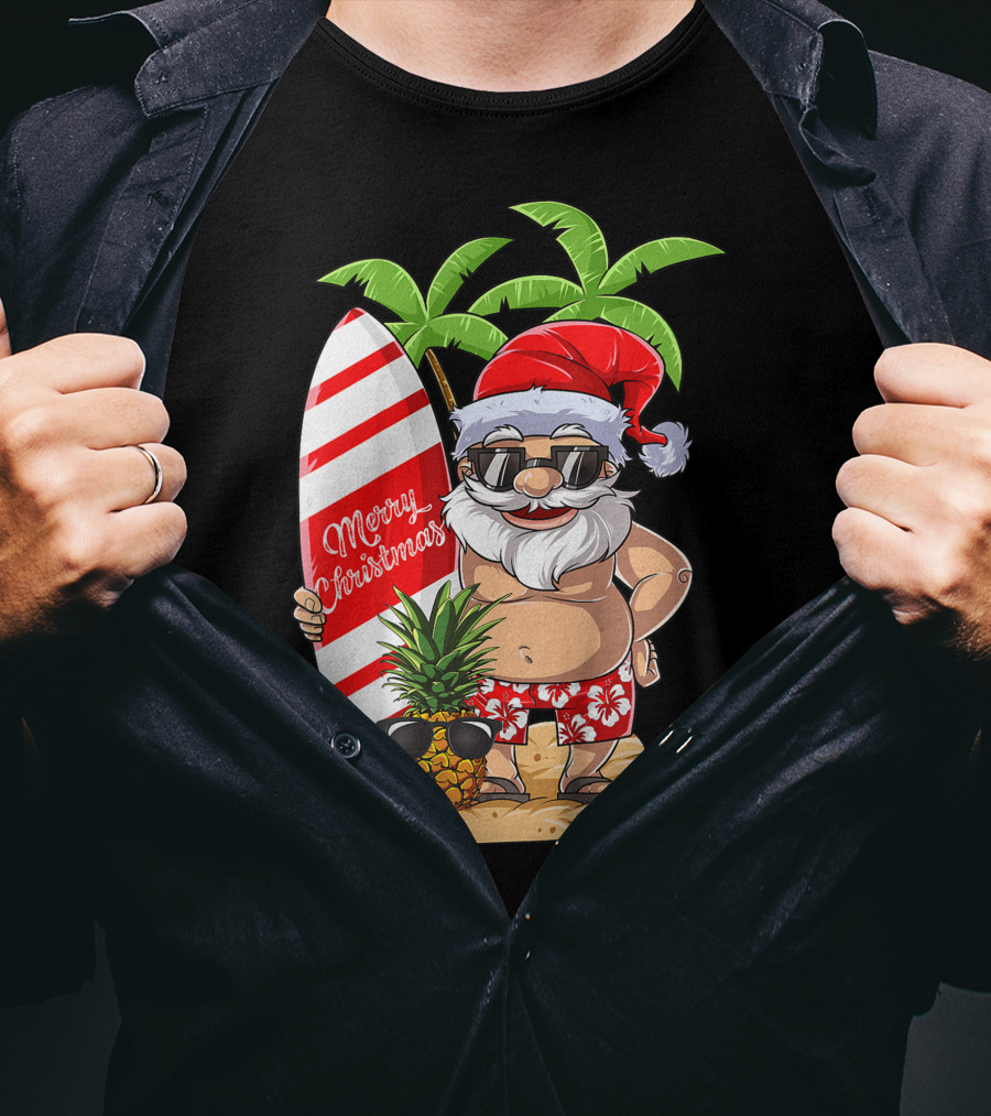 Merry Christmas Santa Hawaiian Surfing Summer Fun Pineapple Beach T-Shirt