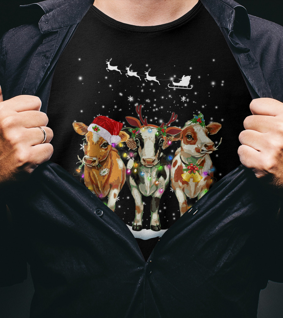 Cow Reindeer Hat Santa Christmas Light Sleigh Snowflakes T-Shirt