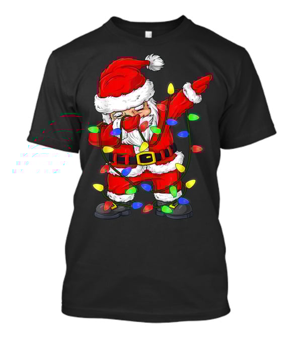 Dabbing Santa Claus Wrapped In Christmas Tree Lights T-Shirt