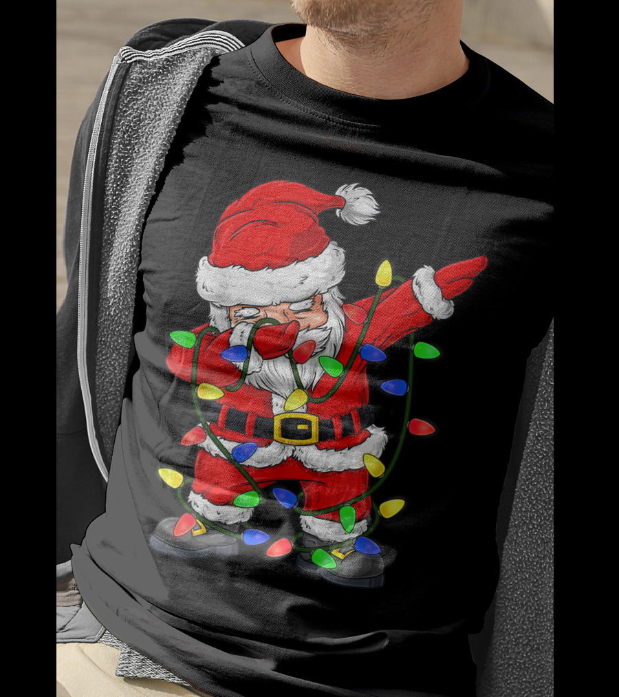 Dabbing Santa Claus Wrapped In Christmas Tree Lights T-Shirt