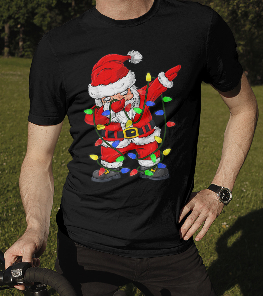 Dabbing Santa Claus Wrapped In Christmas Tree Lights T-Shirt