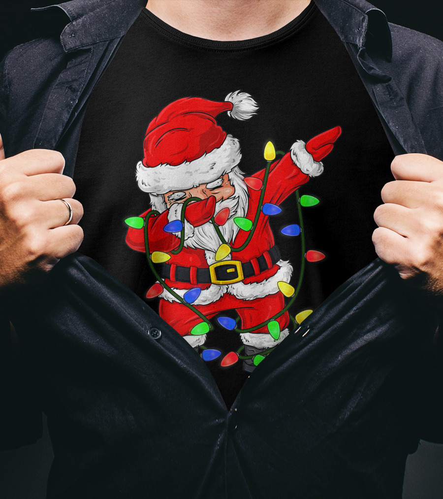 Dabbing Santa Claus Wrapped In Christmas Tree Lights T-Shirt