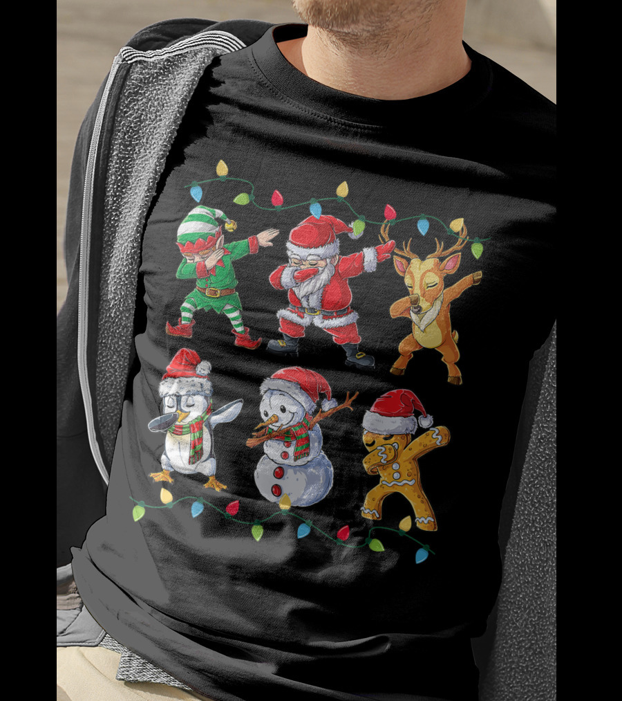 Dabbing Santa Claus Elf Reindeer Penguin Snowman Gingerbread Friends Christmas Lights T-Shirt