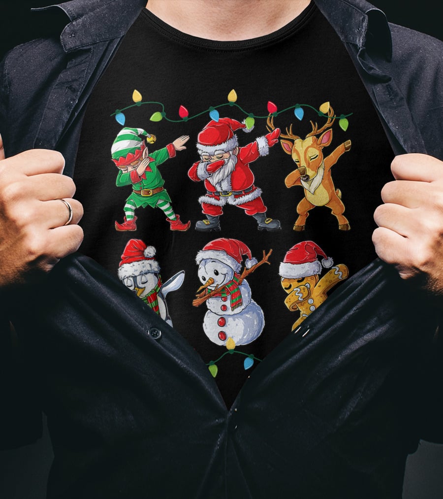 Dabbing Santa Claus Elf Reindeer Penguin Snowman Gingerbread Friends Christmas Lights T-Shirt