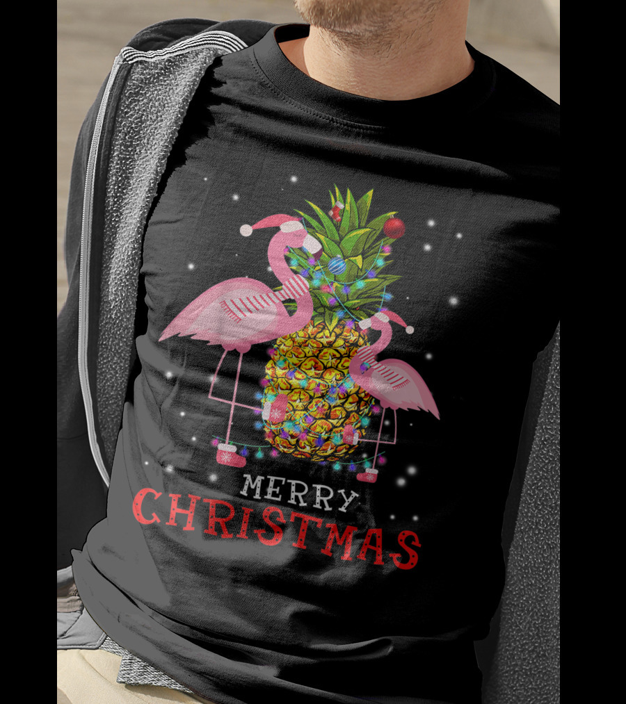 Merry Christmas Flamingo Pineapple With Xmas Lights T-Shirt