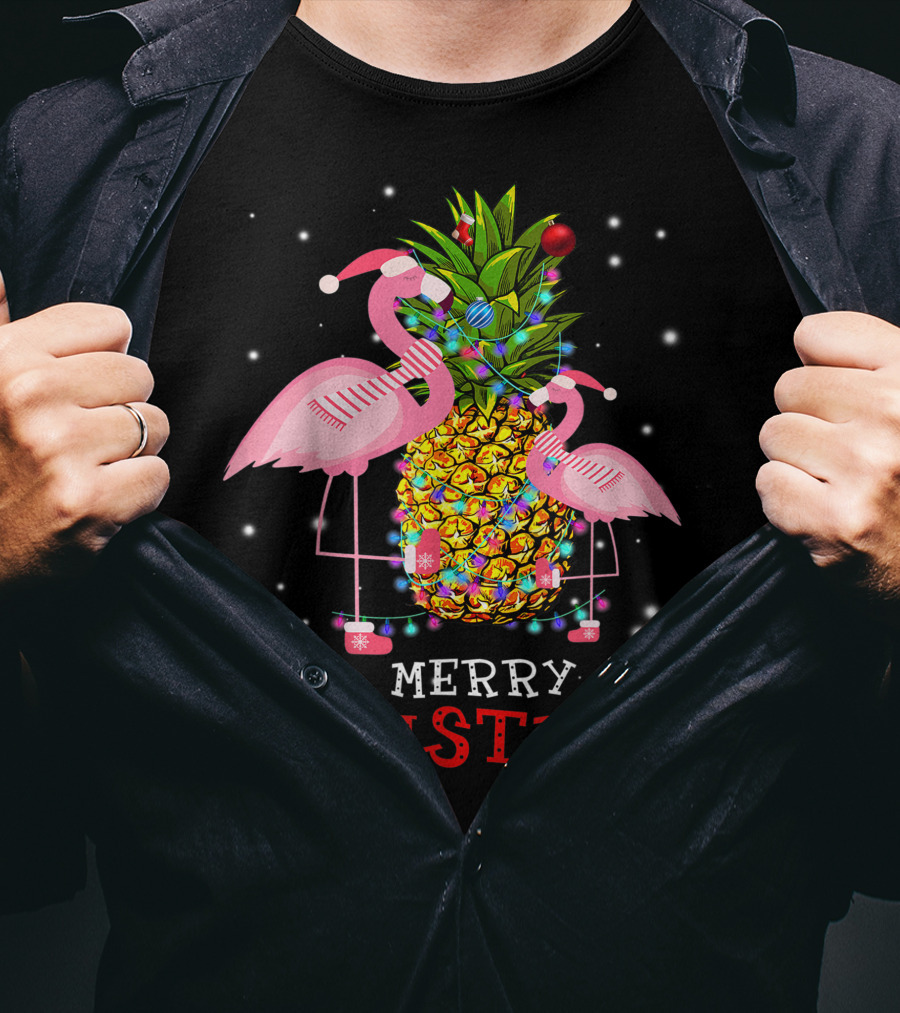 Merry Christmas Flamingo Pineapple With Xmas Lights T-Shirt