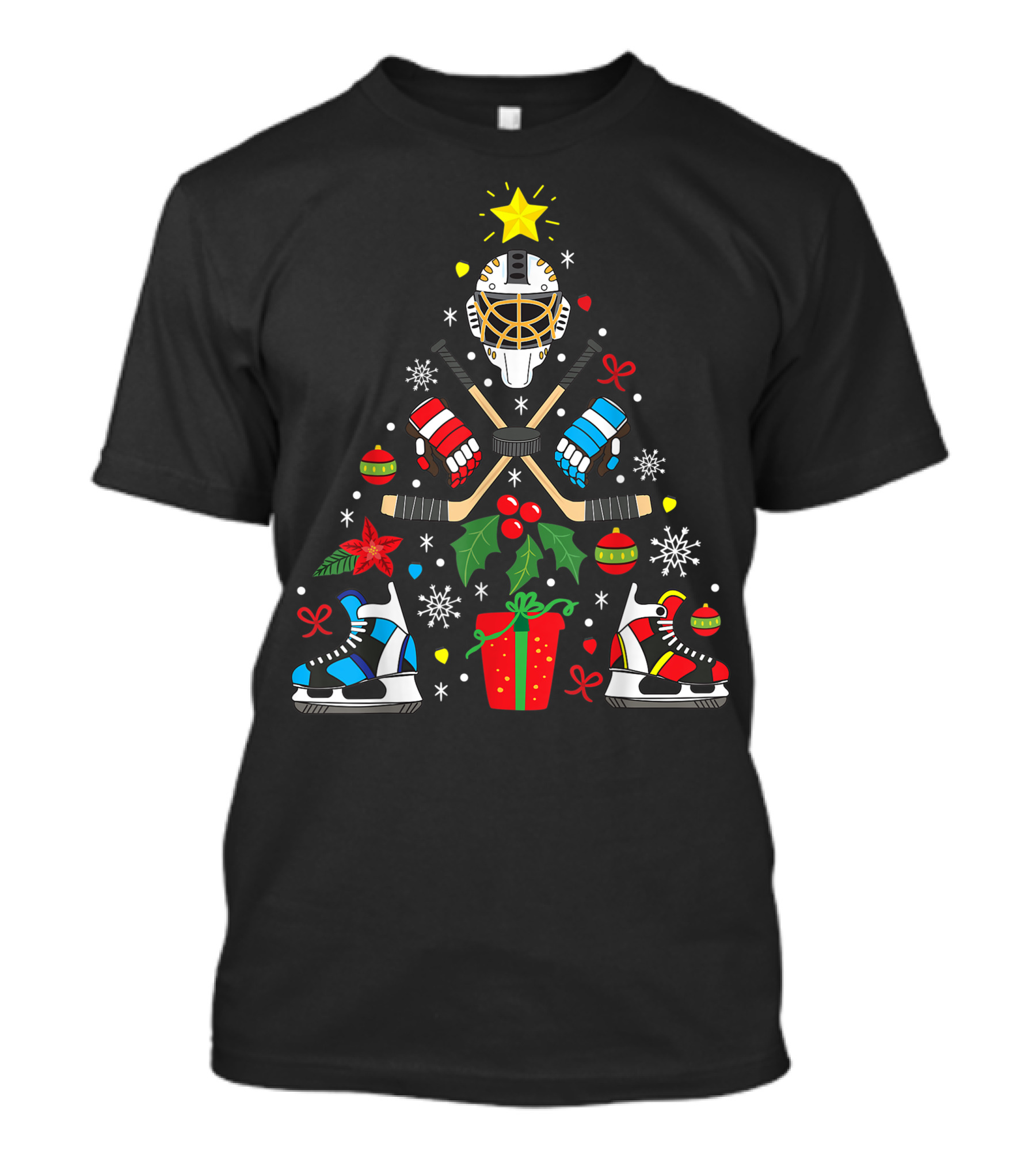 Ice Hockey Christmas Ornament Tree With Skates And Goalie Mask T-Shirt