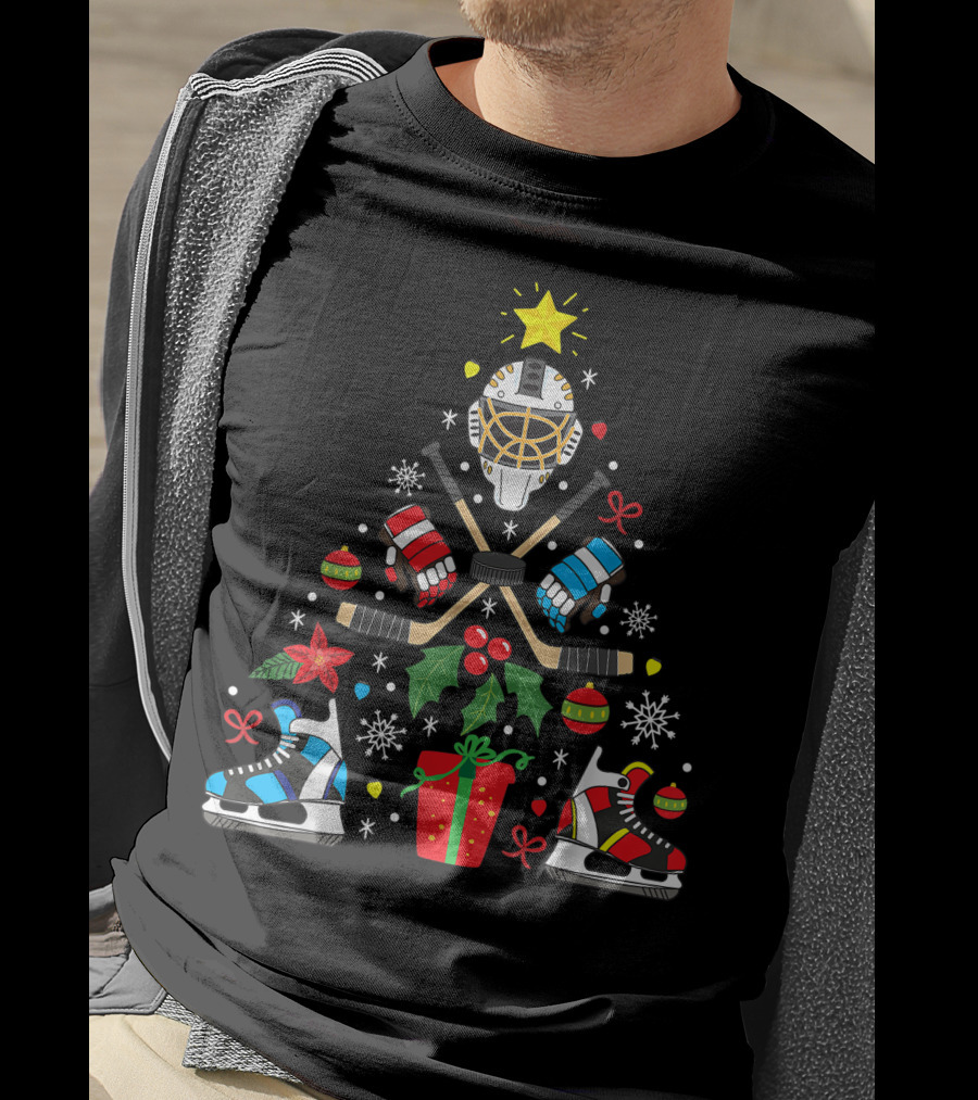 Ice Hockey Christmas Ornament Tree With Skates And Goalie Mask T-Shirt